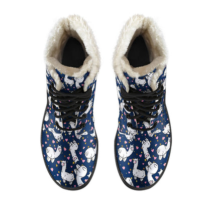 Alpaca Heart Star Design Themed Print Faux Fur Leather Boots-JTAMIGO.COM