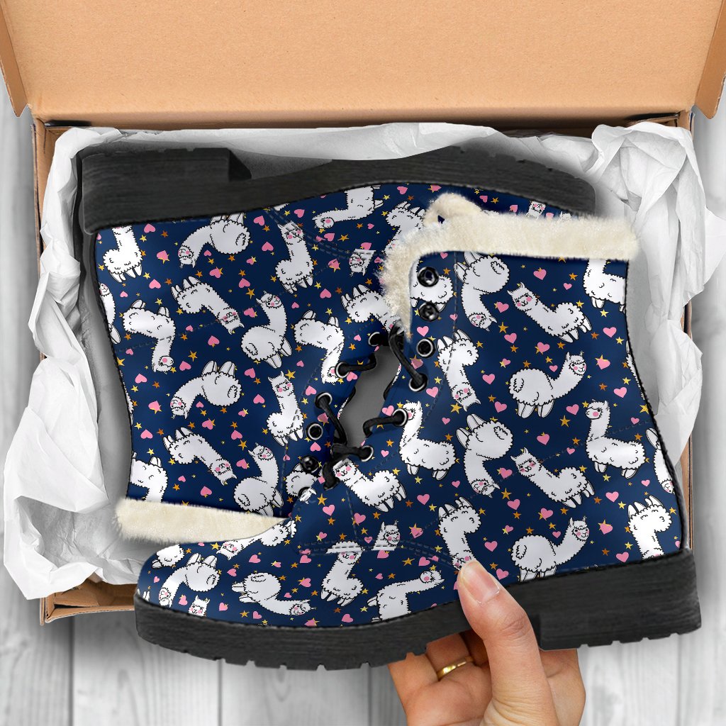 Alpaca Heart Star Design Themed Print Faux Fur Leather Boots-JTAMIGO.COM