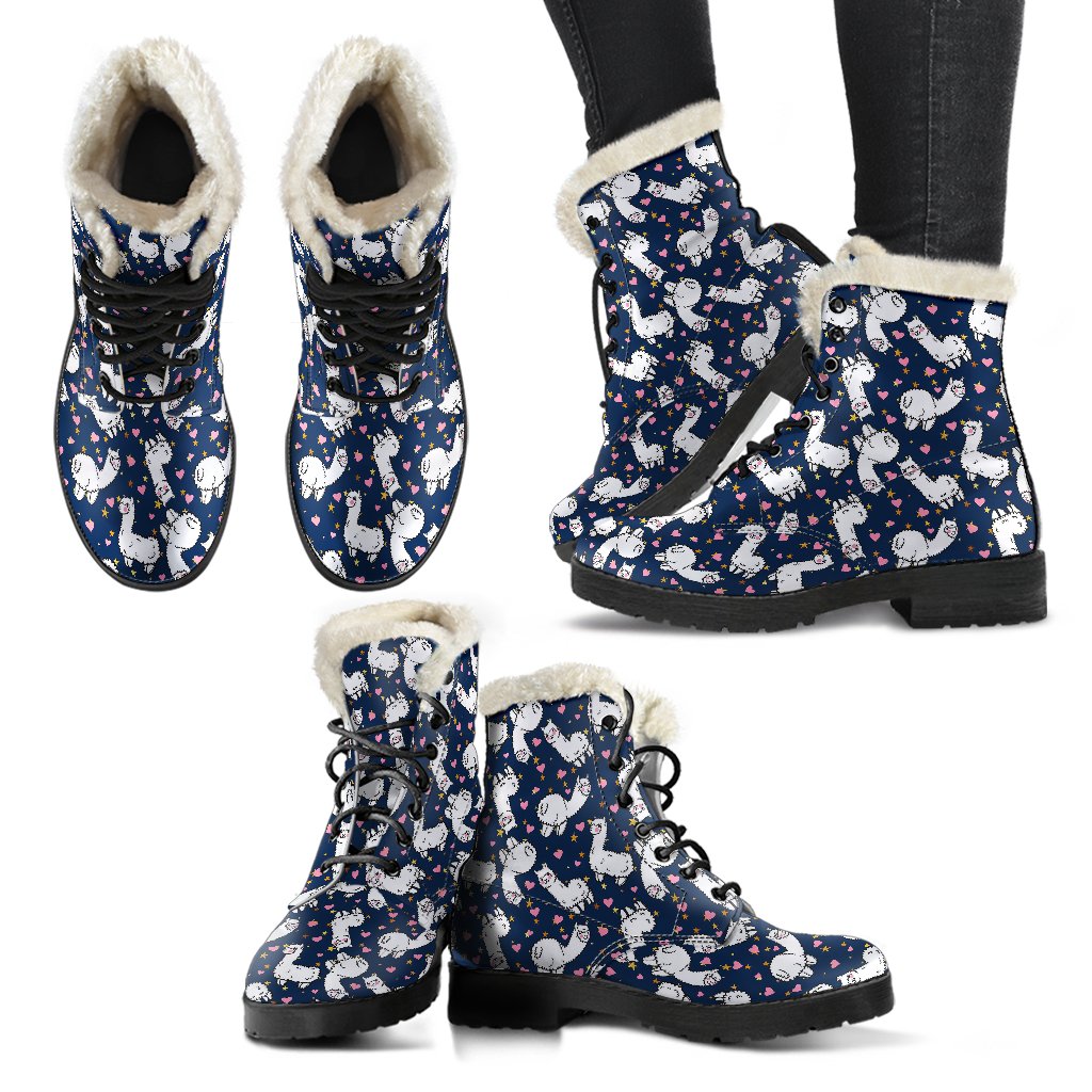 Alpaca Heart Star Design Themed Print Faux Fur Leather Boots-JTAMIGO.COM