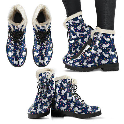 Alpaca Heart Star Design Themed Print Faux Fur Leather Boots-JTAMIGO.COM