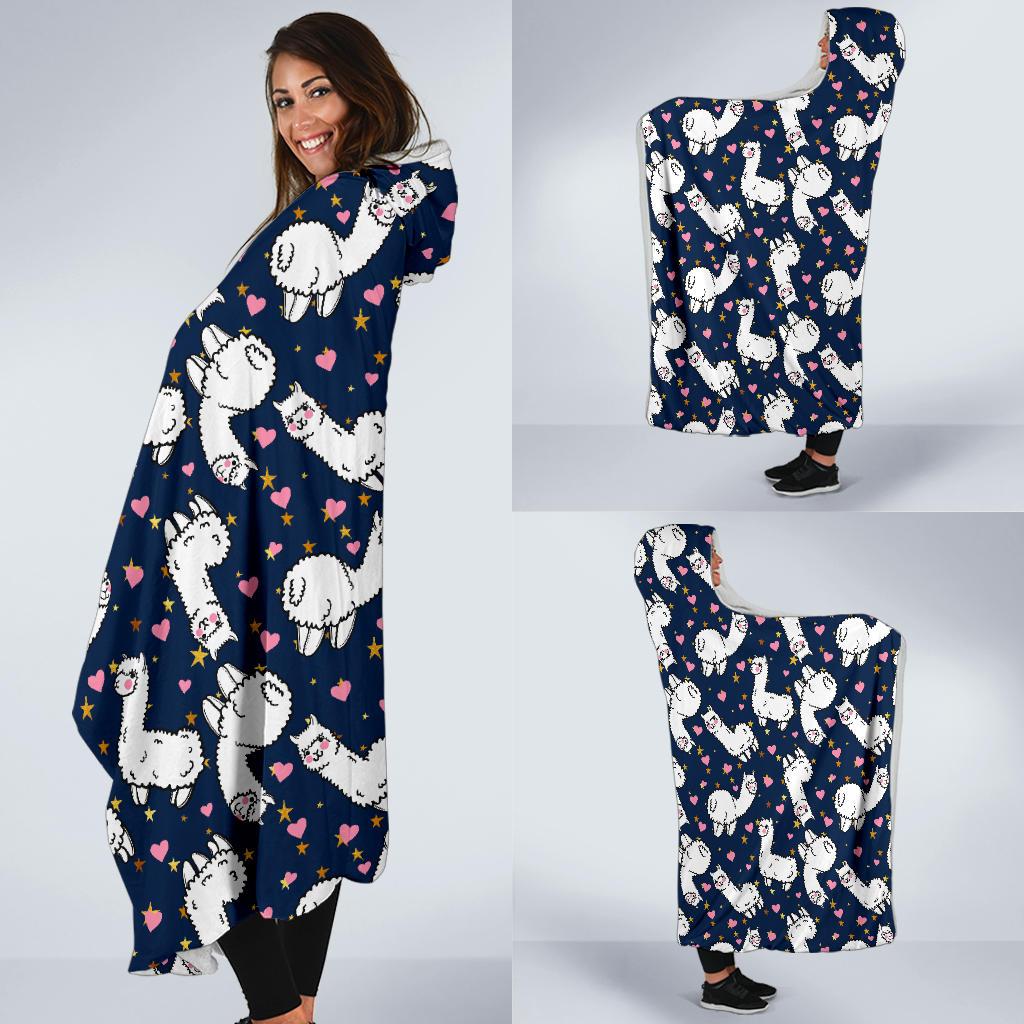 Alpaca Heart Star Design Themed Print Hooded Blanket-JTAMIGO.COM