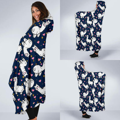 Alpaca Heart Star Design Themed Print Hooded Blanket-JTAMIGO.COM