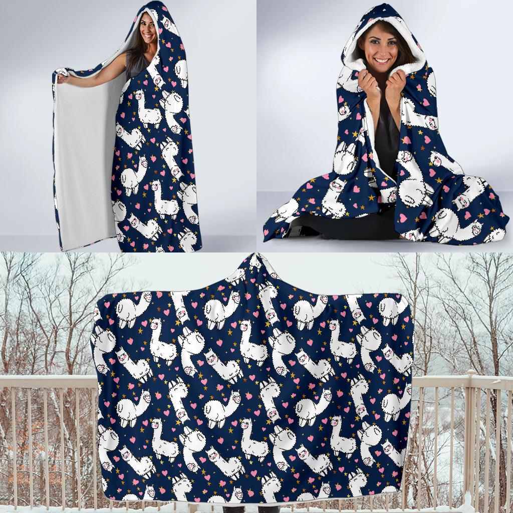 Alpaca Heart Star Design Themed Print Hooded Blanket-JTAMIGO.COM