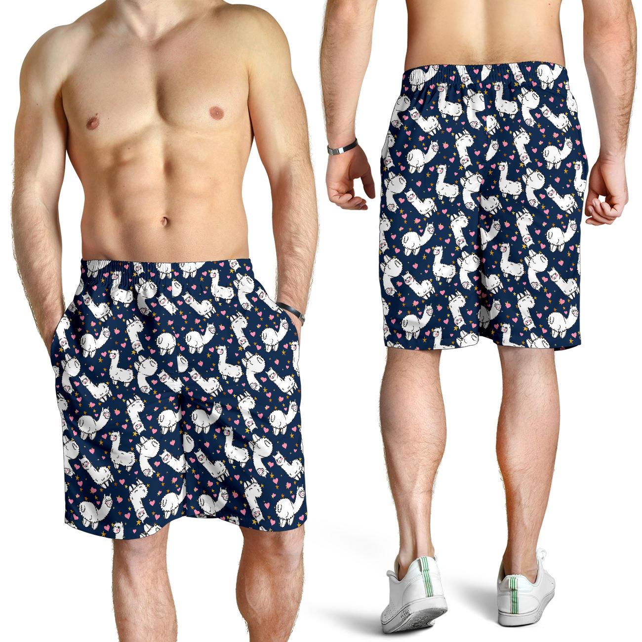 Alpaca Heart Star Design Themed Print Mens Shorts-JTAMIGO.COM