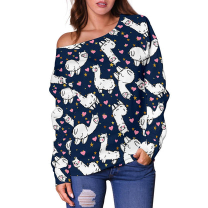 Alpaca Heart Star Design Themed Print Off Shoulder Sweatshirt