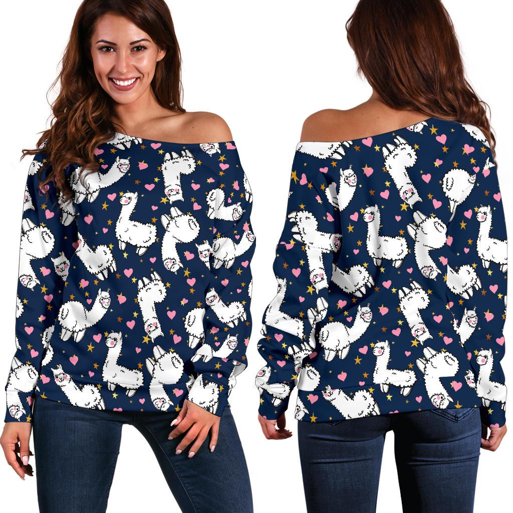 Alpaca Heart Star Design Themed Print Off Shoulder Sweatshirt