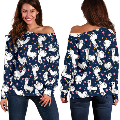 Alpaca Heart Star Design Themed Print Off Shoulder Sweatshirt