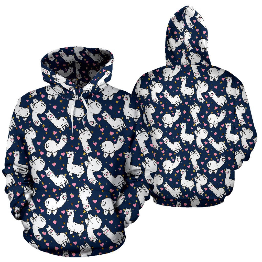 Alpaca Heart Star Design Themed Print Pullover Hoodie