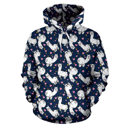 Alpaca Heart Star Design Themed Print Pullover Hoodie