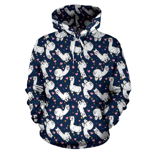 Alpaca Heart Star Design Themed Print Pullover Hoodie