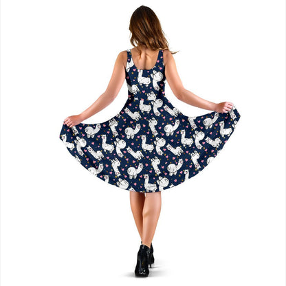Alpaca Heart Star Design Themed Print Sleeveless Dress