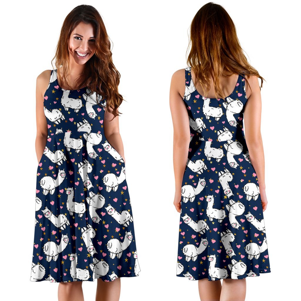 Alpaca Heart Star Design Themed Print Sleeveless Dress
