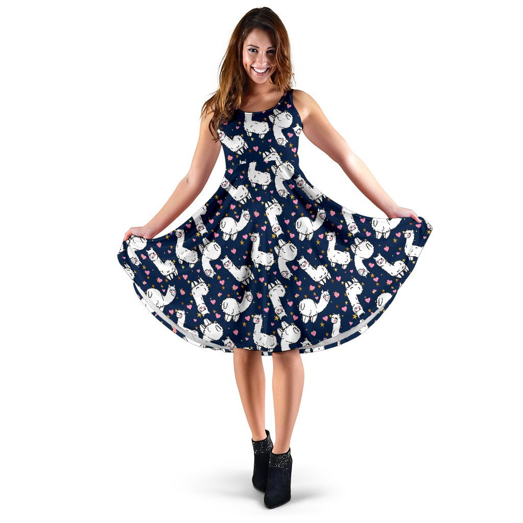 Alpaca Heart Star Design Themed Print Sleeveless Dress
