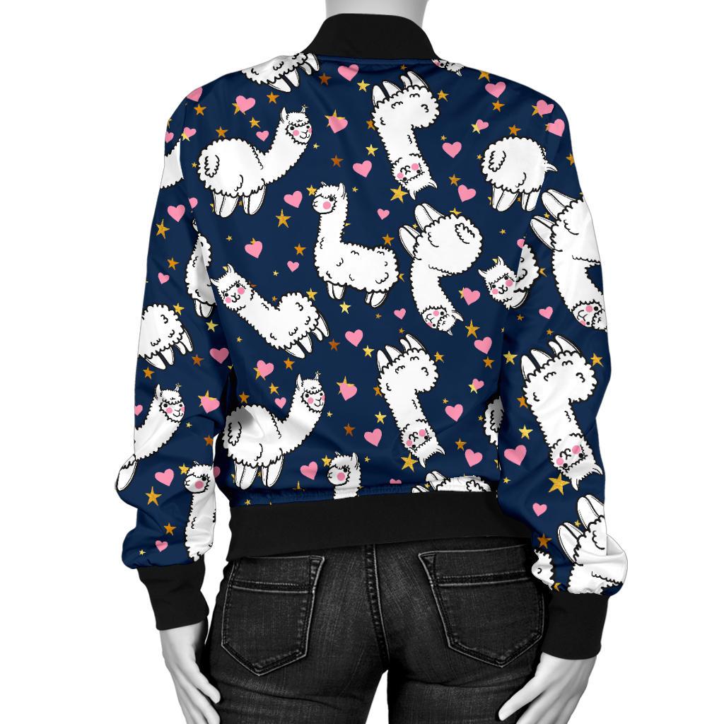 Alpaca Heart Star Design Themed Print Women Casual Bomber Jacket