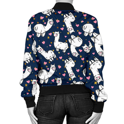 Alpaca Heart Star Design Themed Print Women Casual Bomber Jacket