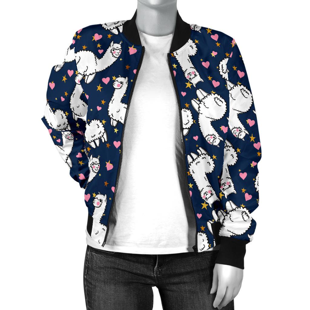 Alpaca Heart Star Design Themed Print Women Casual Bomber Jacket