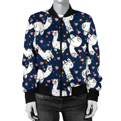 Alpaca Heart Star Design Themed Print Women Casual Bomber Jacket