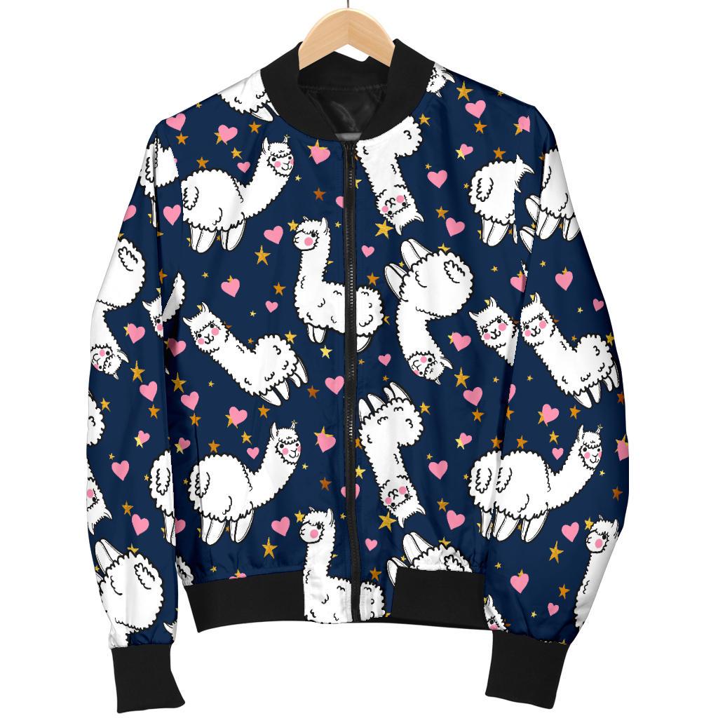 Alpaca Heart Star Design Themed Print Women Casual Bomber Jacket