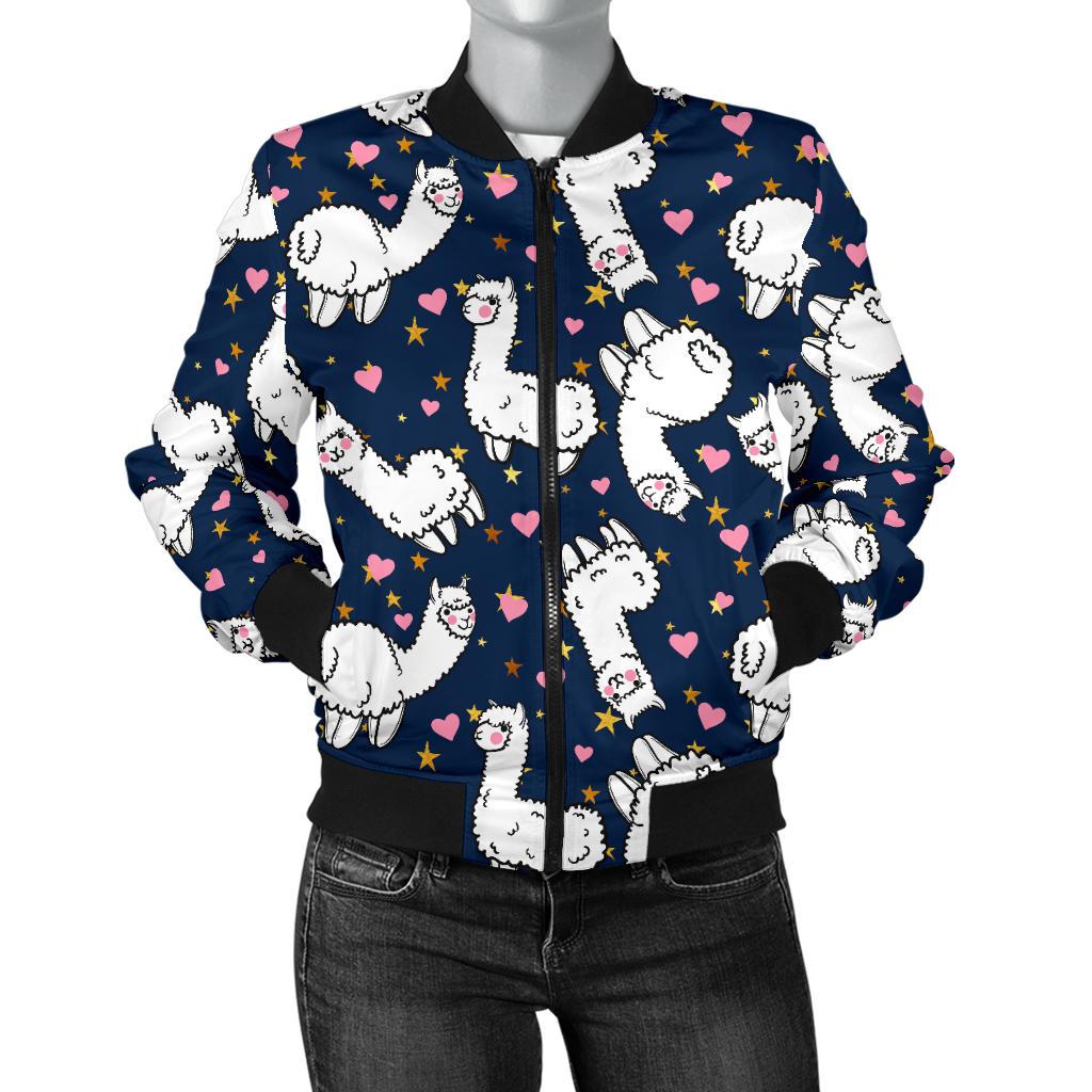 Alpaca Heart Star Design Themed Print Women Casual Bomber Jacket