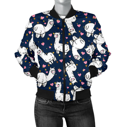 Alpaca Heart Star Design Themed Print Women Casual Bomber Jacket