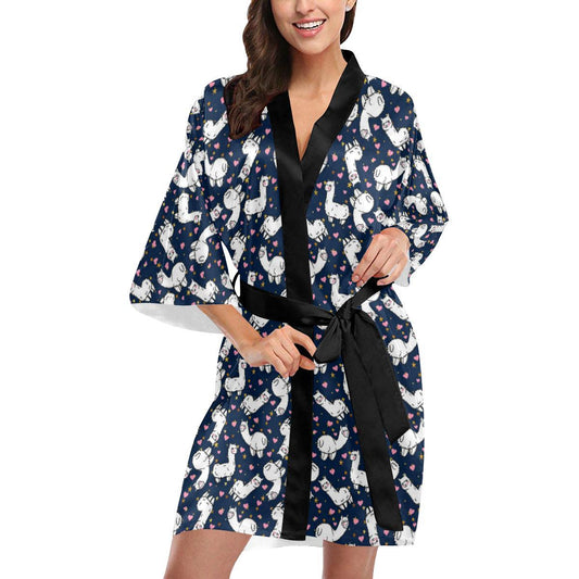 Alpaca Heart Star Design Themed Print Women Short Kimono Robe