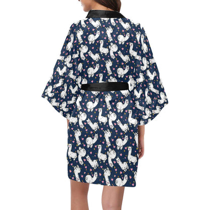 Alpaca Heart Star Design Themed Print Women Short Kimono Robe