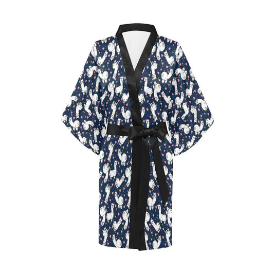 Alpaca Heart Star Design Themed Print Women Short Kimono Robe