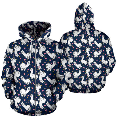 Alpaca Heart Star Design Themed Print Zip Up Hoodie