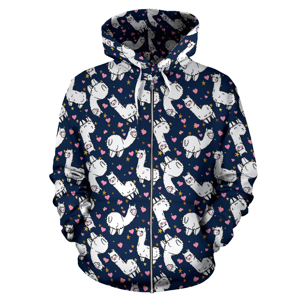 Alpaca Heart Star Design Themed Print Zip Up Hoodie