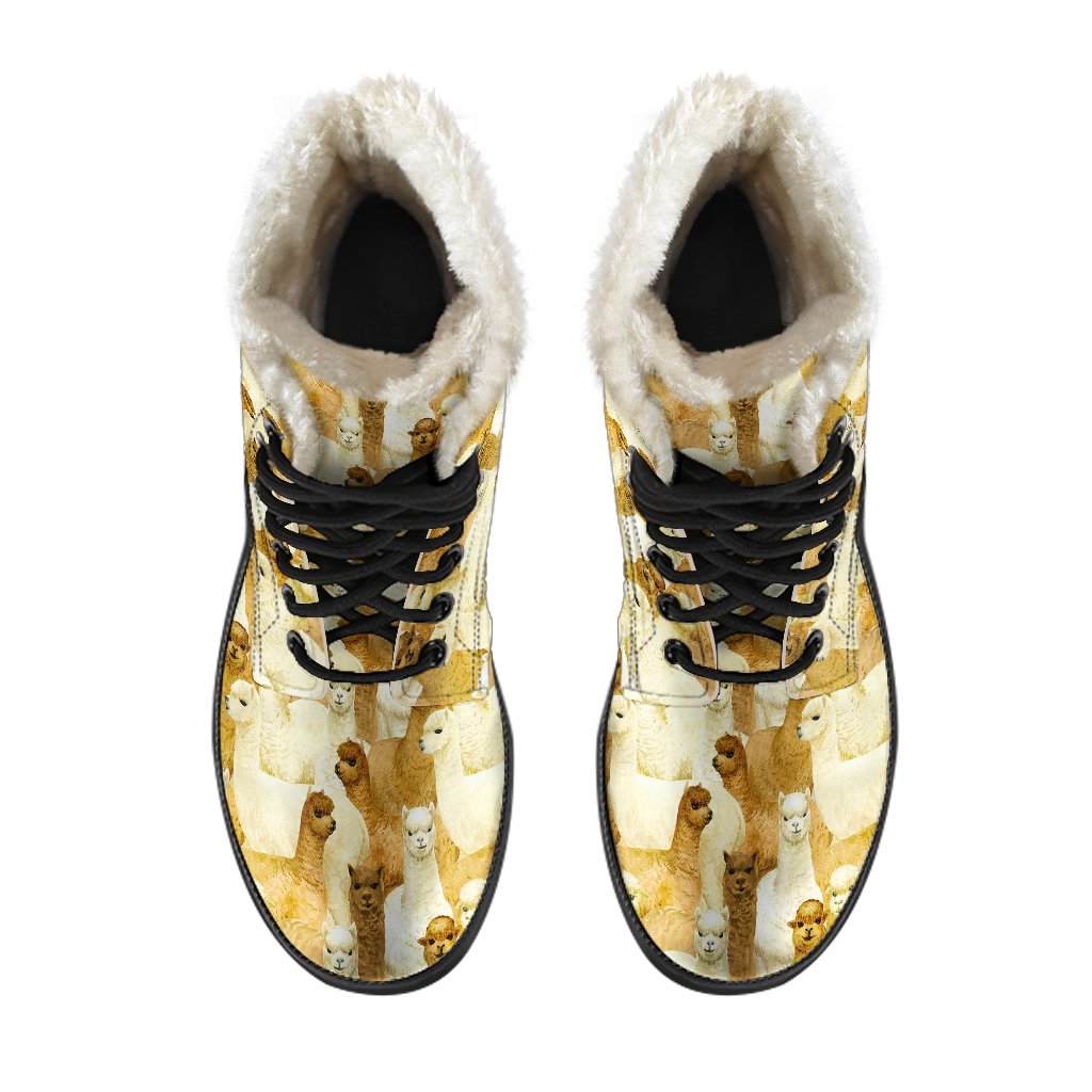 Alpaca Watercolor Design Themed Print Faux Fur Leather Boots-JTAMIGO.COM