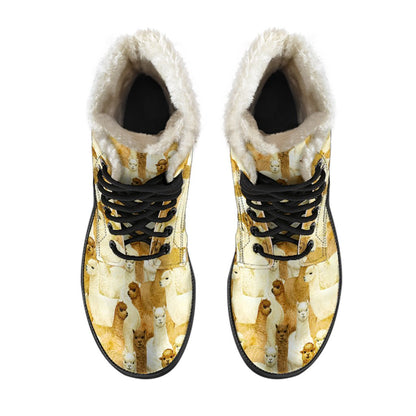 Alpaca Watercolor Design Themed Print Faux Fur Leather Boots-JTAMIGO.COM
