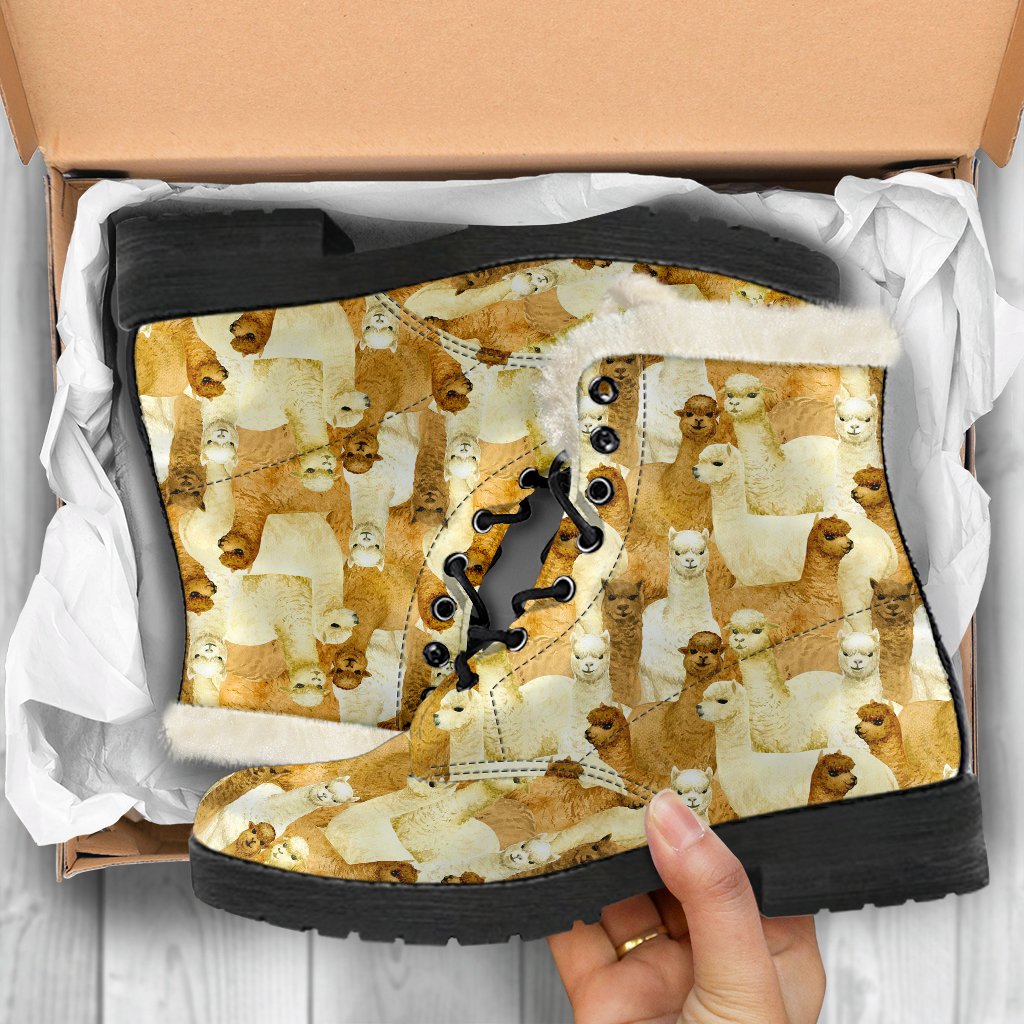 Alpaca Watercolor Design Themed Print Faux Fur Leather Boots-JTAMIGO.COM