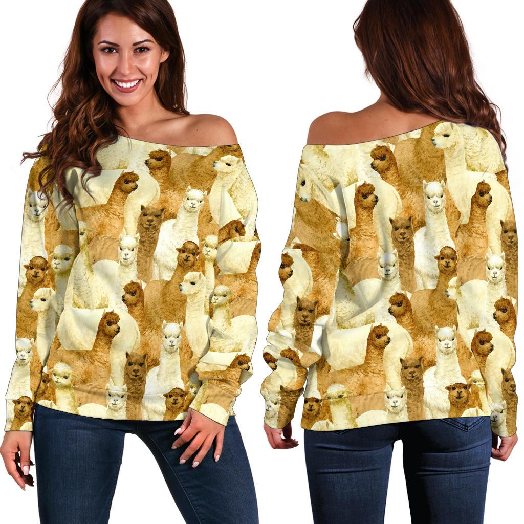 Alpaca Watercolor Design Themed Print Off Shoulder Sweatshirt