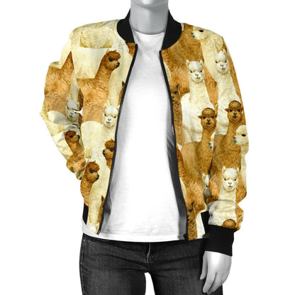 Alpaca Watercolor Design Themed Print Women Casual Bomber Jacket