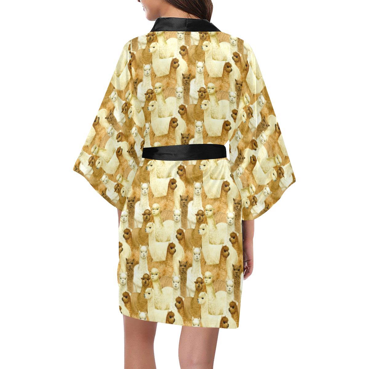 Alpaca Watercolor Design Themed Print Women Short Kimono Robe