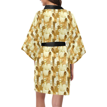 Alpaca Watercolor Design Themed Print Women Short Kimono Robe