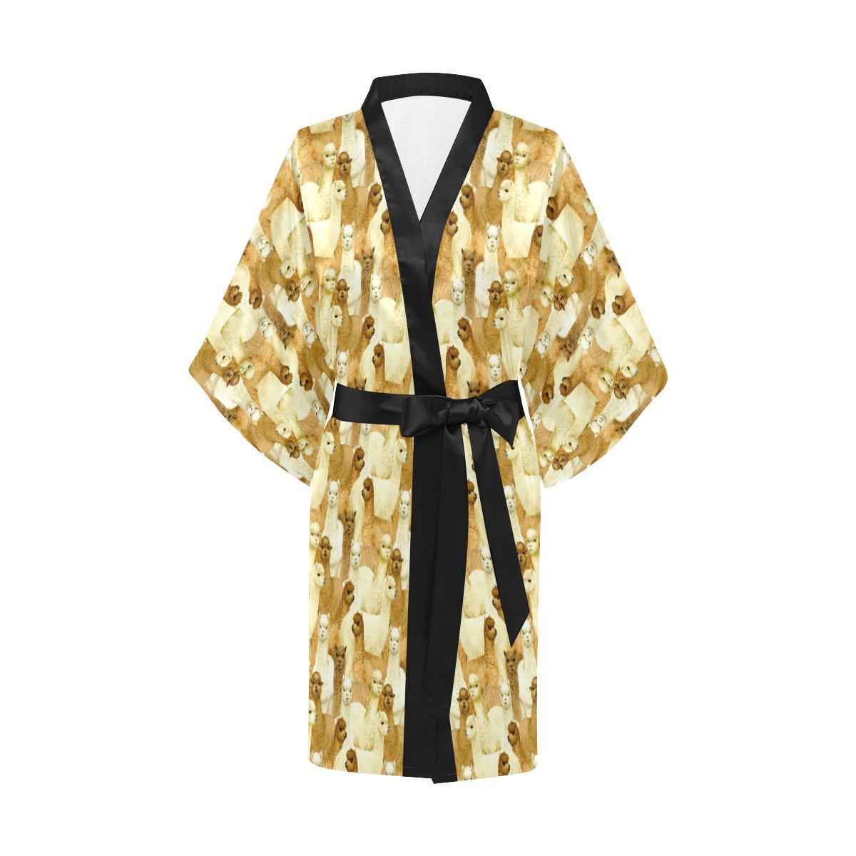 Alpaca Watercolor Design Themed Print Women Short Kimono Robe