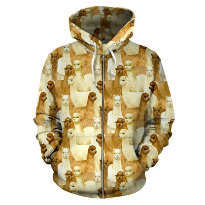 Alpaca Watercolor Design Themed Print Zip Up Hoodie