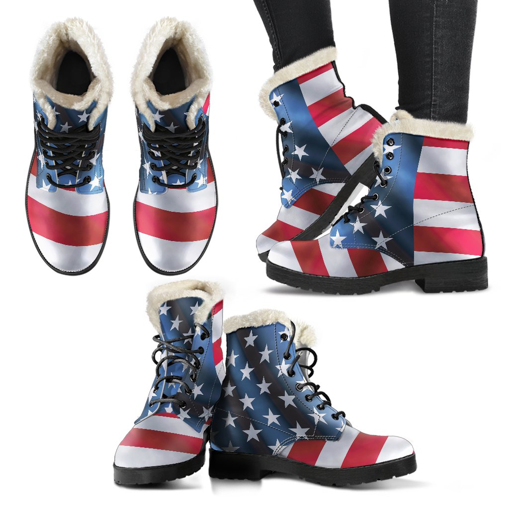 American flag Classic Faux Fur Leather Boots-JTAMIGO.COM