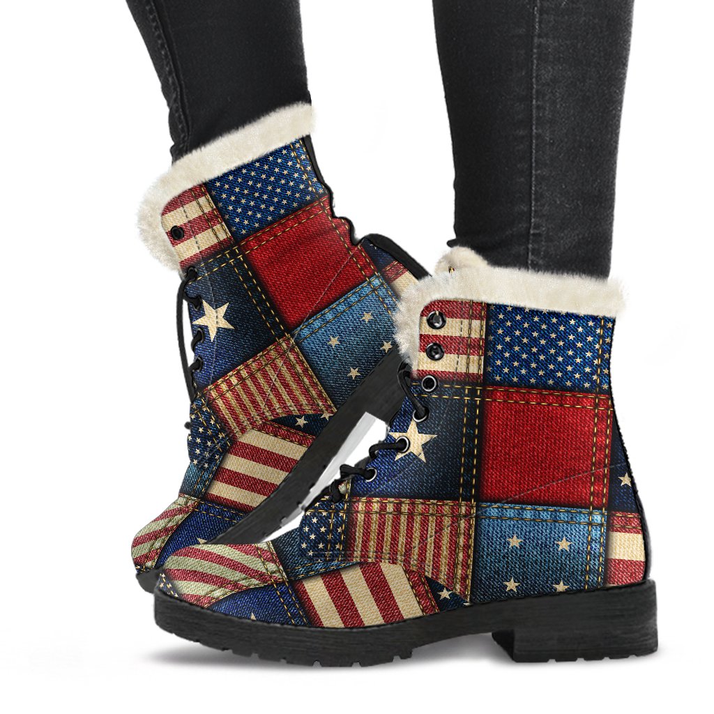 American flag Patchwork Design Faux Fur Leather Boots-JTAMIGO.COM