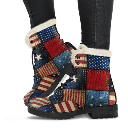 American flag Patchwork Design Faux Fur Leather Boots-JTAMIGO.COM
