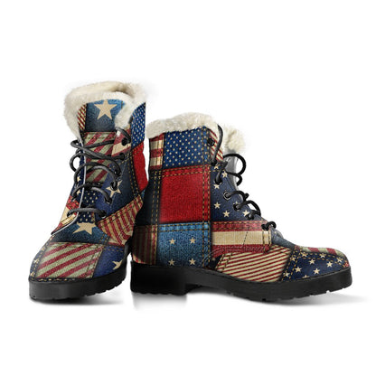 American flag Patchwork Design Faux Fur Leather Boots-JTAMIGO.COM