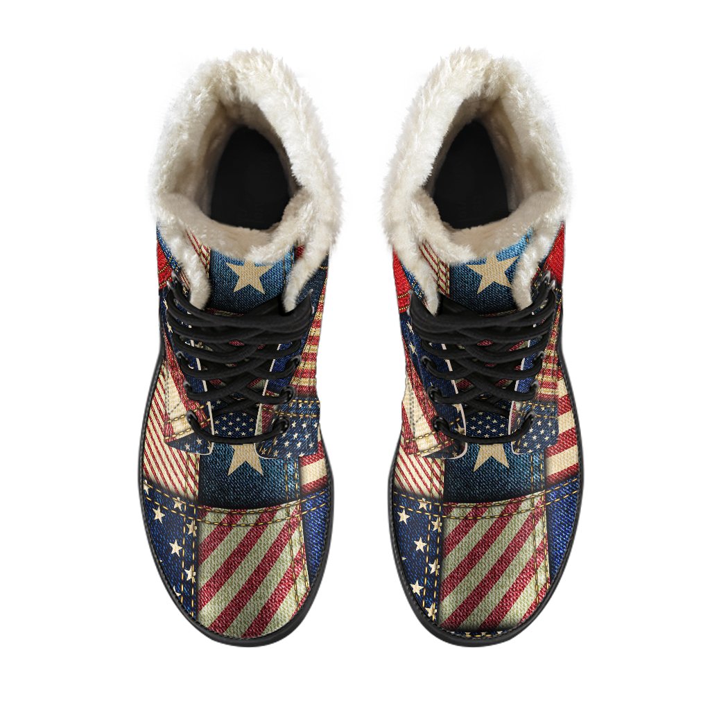 American flag Patchwork Design Faux Fur Leather Boots-JTAMIGO.COM