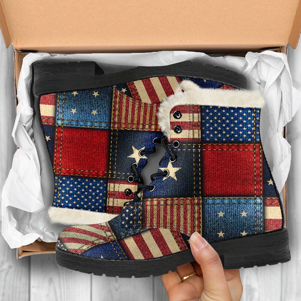 American flag Patchwork Design Faux Fur Leather Boots-JTAMIGO.COM