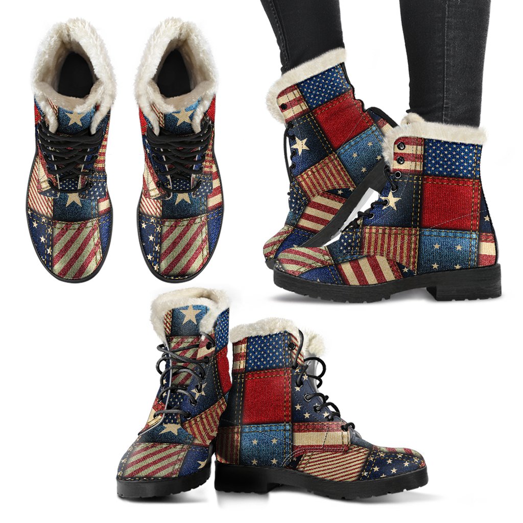 American flag Patchwork Design Faux Fur Leather Boots-JTAMIGO.COM