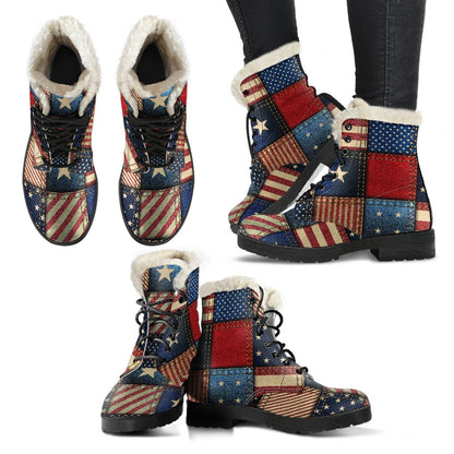 American flag Patchwork Design Faux Fur Leather Boots-JTAMIGO.COM