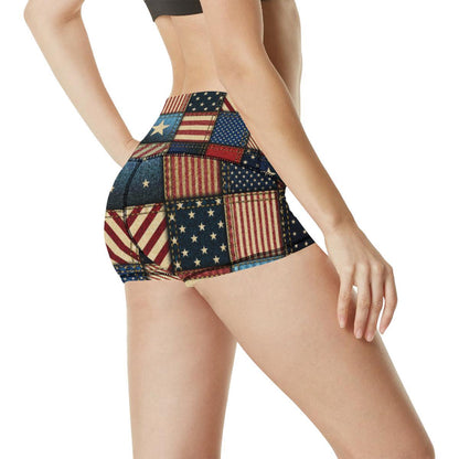 American flag Patchwork Design High Waisted Spandex Shorts-JTAMIGO.COM