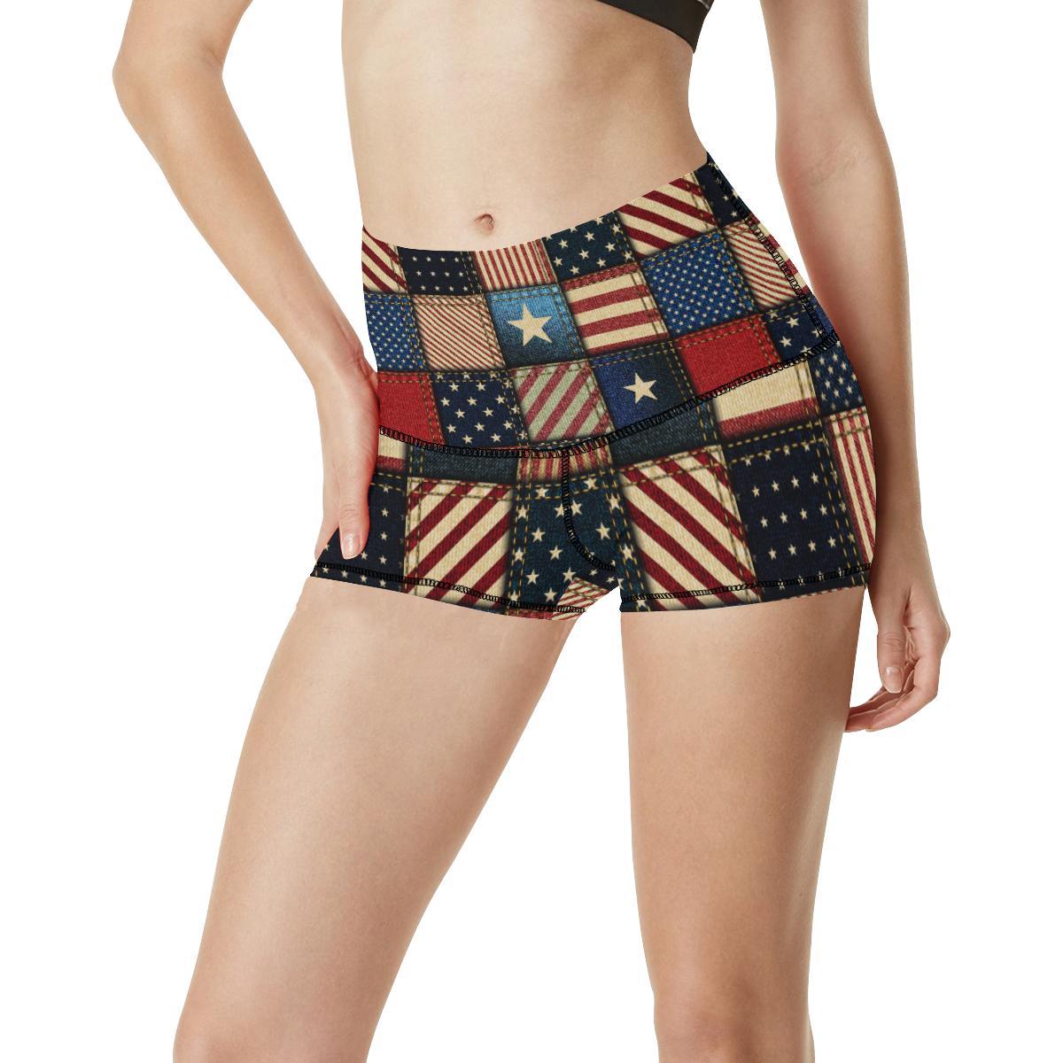 American flag Patchwork Design High Waisted Spandex Shorts-JTAMIGO.COM