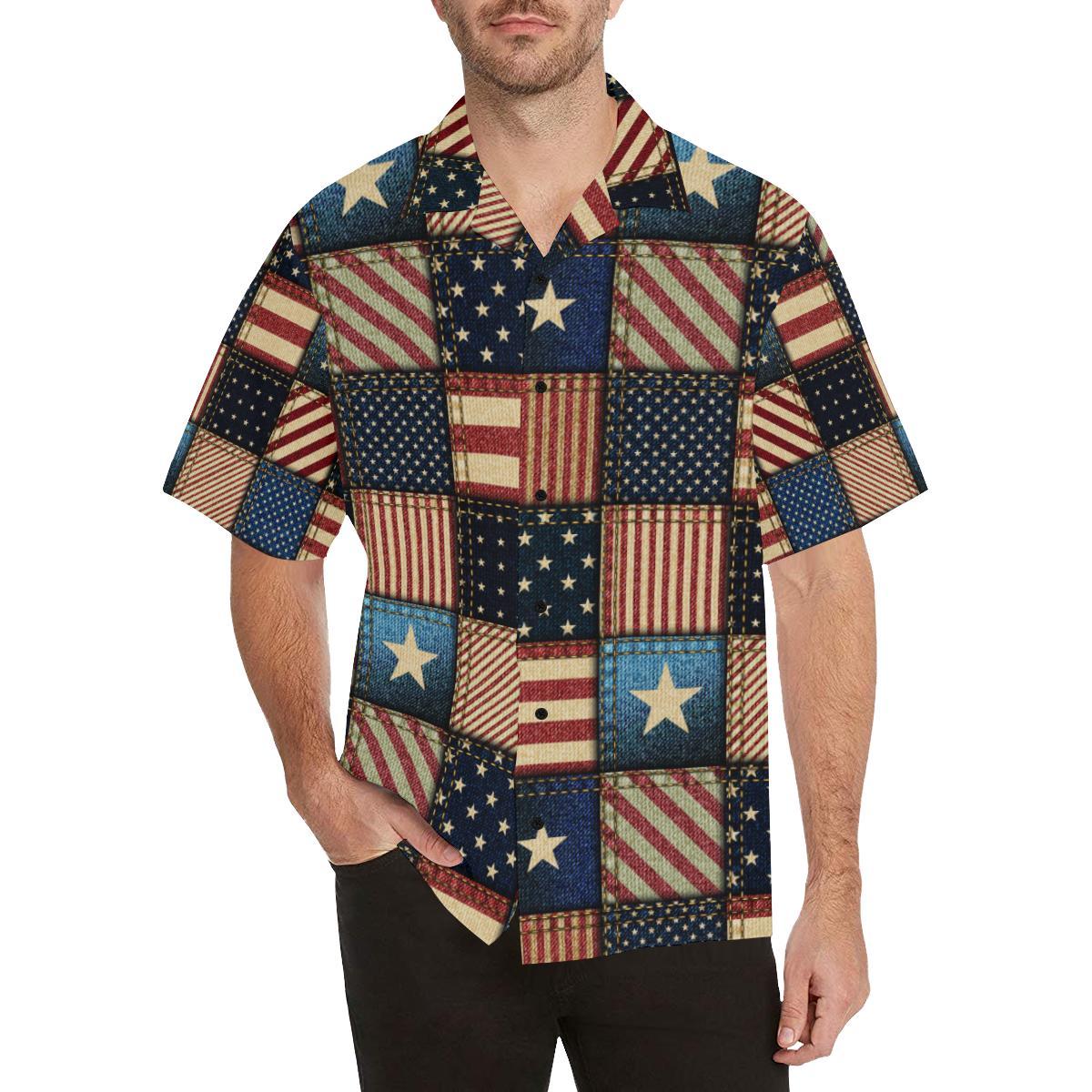 American flag Patchwork Design Men Aloha Hawaiian Shirt