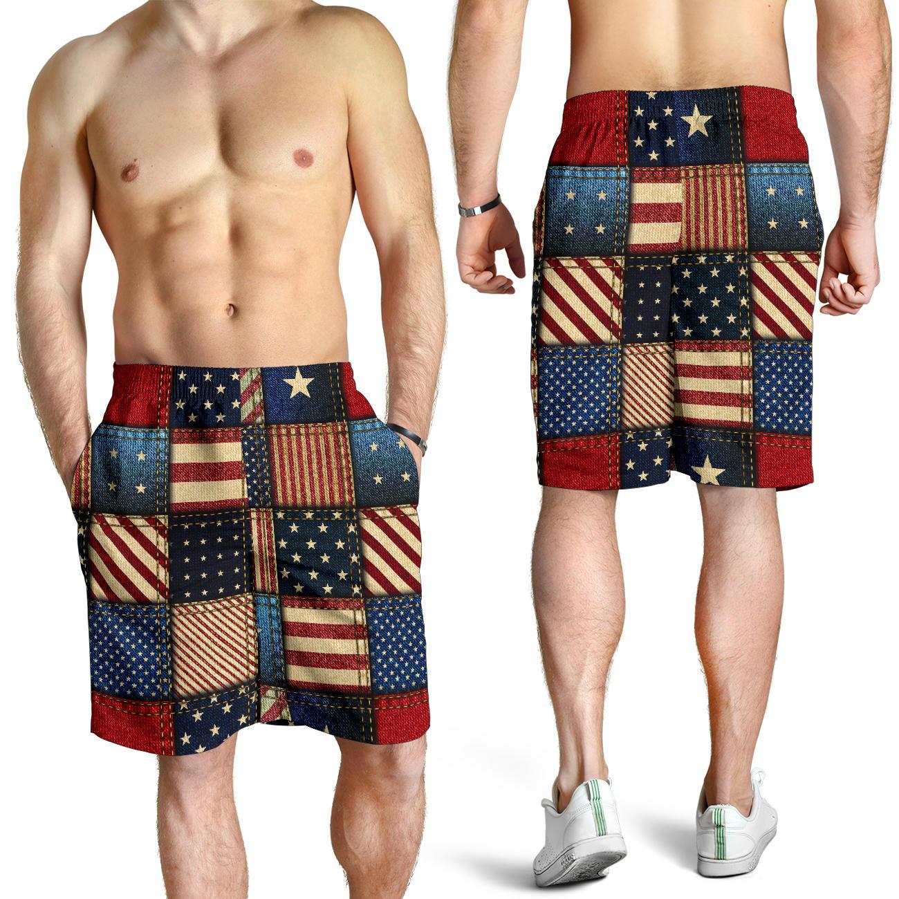 American flag Patchwork Design Mens Shorts-JTAMIGO.COM